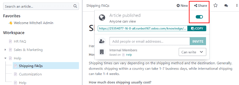 Quan điểm của một bài viết kiến thức tập trung vào các tùy chọn chia sẻ và xuất bản.